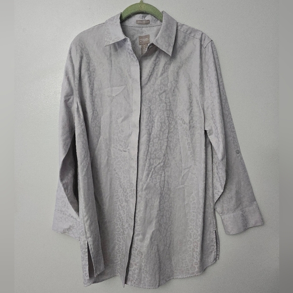 Chico’s 2 US L Women’s Button Up Shirt Gray Animal Print Leopard Long Sleeve - Picture 1 of 11